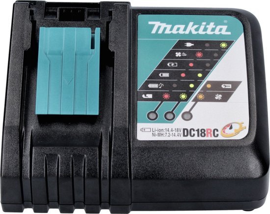 Zwarte Makita DC18RC snellader met turquoise batterijhouder en indicatielampjes.