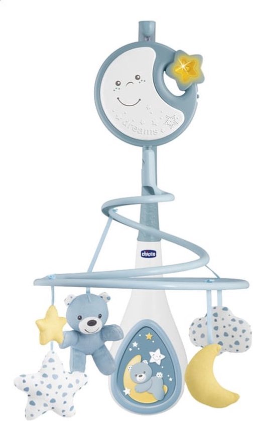Blauwe muziekmobiel met een lachende maan, sterren, een teddybeer en wolken.