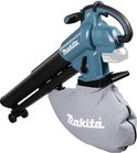 Turquoise Makita bladblazer met zwarte slang en grijze opvangzak.