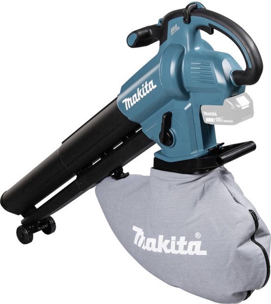 Turquoise Makita bladblazer met zwarte slang en grijze opvangzak.