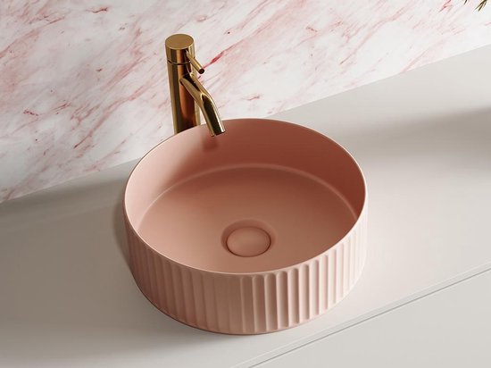 Vente-unique Vasque ronde à poser à rayures en céramique - Rose mat - 36 cm - PEDARA L 36 cm x H 12 cm x P 36 cm