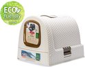 Witte kattenbak met bruin raam, lade en eco-vriendelijk logo.