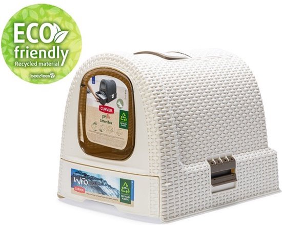 Witte kattenbak met bruin raam, lade en eco-vriendelijk logo.