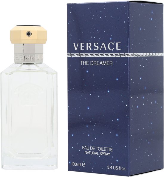 Versace The Dreamer pour homme Eau de Toilette met gouden dop en Medusa-reliëf op de glazen fles.