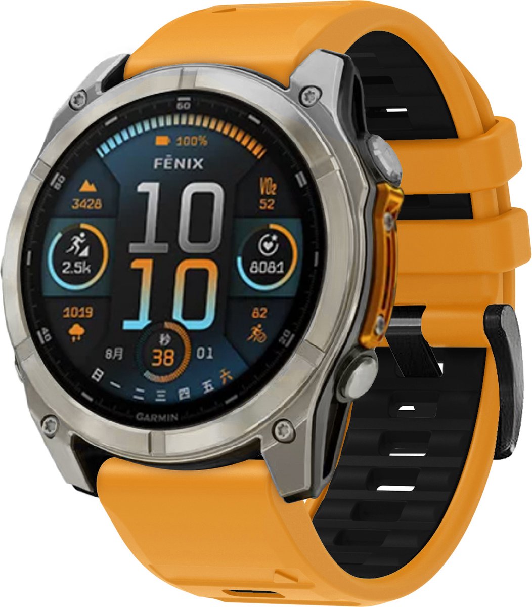 Stravo Siliconen bandje in Fenix 8 Stijl voor Garmin Fenix 5 (Plus)/Fenix 6 (Pro)/Fenix 7 (Pro-Sapphire-Solar)/Fenix 8-47mm/Fenix E-Garmin Epix (Pro) Gen 2-47mm - Quickfit 22 / 22mm band voor Garmin smartwatches - Horlogebandje - Oranje/zwart