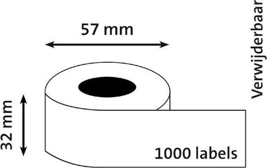 Illustratie van een labelrol van 32x57 mm met 1000 etiketten.