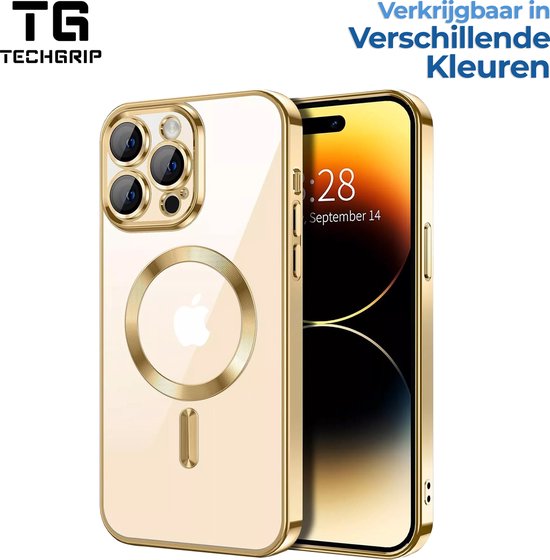 Gouden MagSafe hoesje met transparante achterkant en gouden rand.