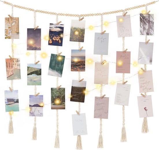 Présentoir photo en macramé - Décoration murale bohème avec guirlande lumineuse, perles en bois, support pour collage avec 30 pinces - Décoration de Noël, de vacances et d'intérieur