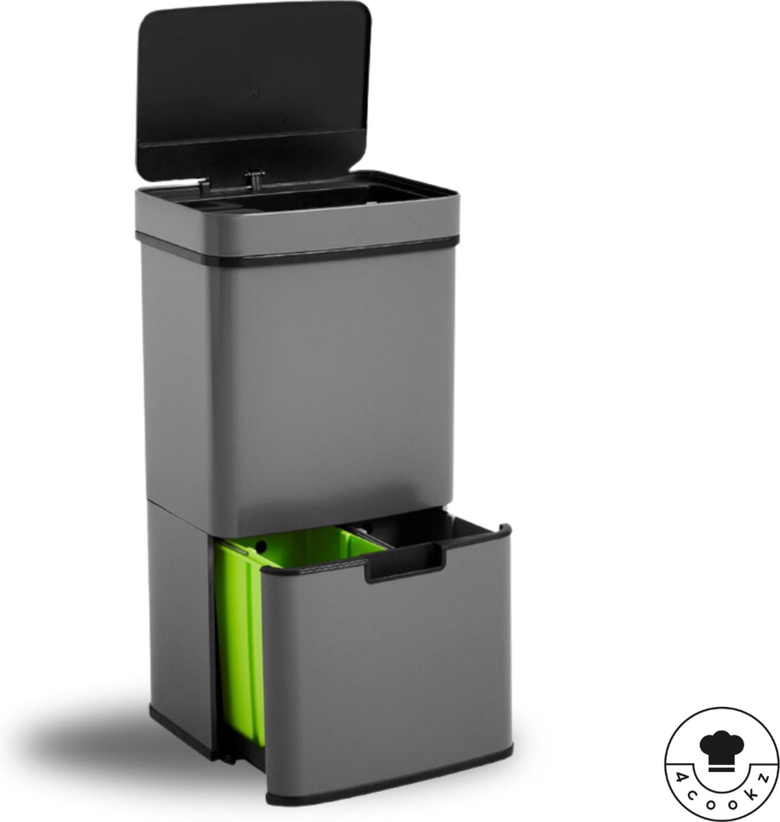Goedkoopste 4cookz® Smart Waste Grey Prullenbak Afvalscheiding 72 liter - Sensor Prullenbak 3 vakken - 2x12L 48L - Recycle Afvalbak - Afvalscheidingsprullenbakken - Mat grijs