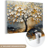 MuchoWow® Peinture sur verre 60x40 cm - Peinture sur verre acrylique - Arbre - Fleurs - Or - Beige - Photo sur verre - Décoration murale salon - Décoration murale chambre - Peintures