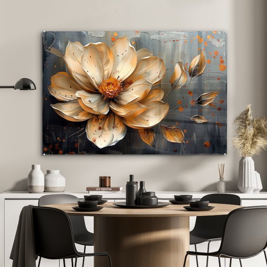 MuchoWow® Peinture sur verre 120x80 cm - Peinture sur verre acrylique - Fleurs - Or - Art - Zwart - Moderne - Photo sur verre - Décoration murale salon - Décoration murale chambre - Peintures