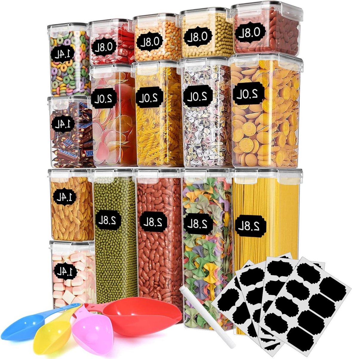 Keukenopbergdoos, organizer voor kasten, bevat 16 praktische opbergdozen voor de keuken, transparante koelkastorganizer, ideaal voor peulvruchten en muesliblikjes, BPA-vrij