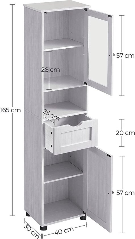 Afmetingen van een hoge witte badkamerkast: 165cm hoog, 40cm breed, 30cm diep.