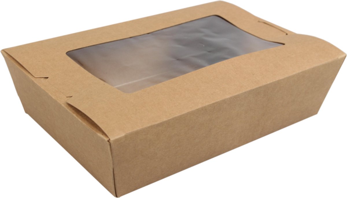 Goedkoopste Biodore Bak | Kraftpapier PLA | met venster | maaltijdtray | 120x180x50mm | bruin | 50 stuks