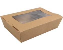Biodore Bak | Kraftpapier + PLA | met venster | maaltijdtray | 120x180x50mm | bruin | 50 stuks