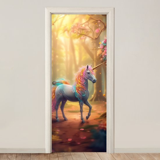 Affiche de porte 85x205 cm - Sticker porte Licorne - Forêt - Coloré - Fleurs - Meiden - Film meuble autocollant - Film porte chambre ado - Film intérieur chambre enfant - Film adhésif porte - Sticker papier peint porte - Décoration chambre ados