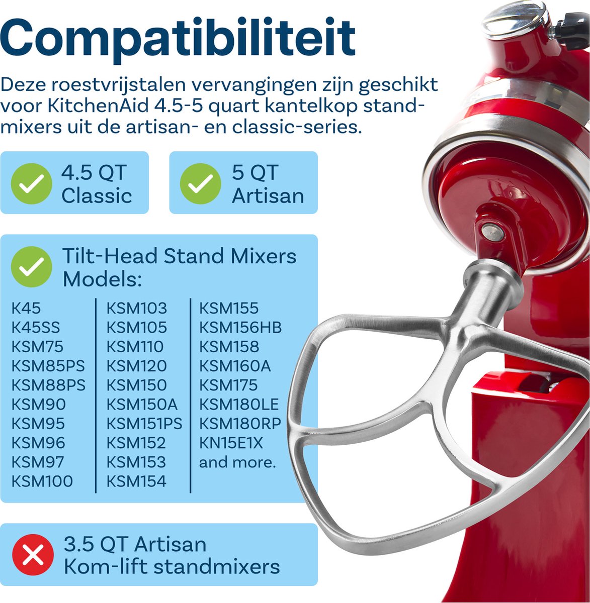 Roestvrijstalen 3-Delige Accessoireset voor KitchenAid 4.3, 4.7/4.8L Tilt-Head Stand Mixers Artisan & Classic Series van MMOBIEL - K45 6-Draads Garde, Platte Mixer en Deeghaak – Vaatwasmachinebestendig thumbnail 2