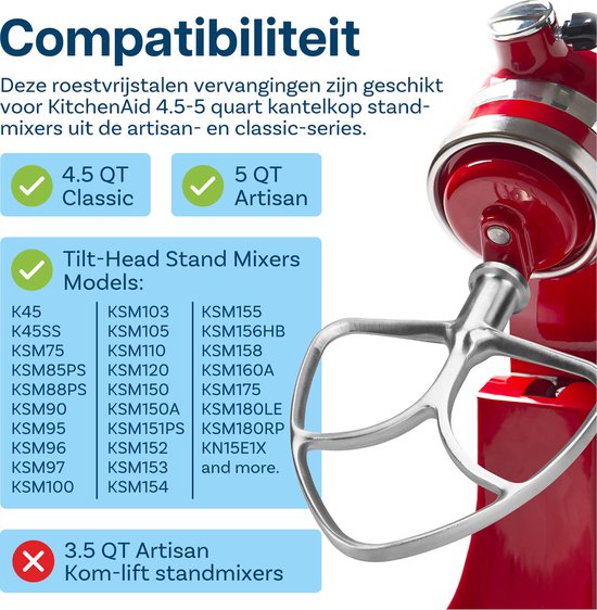 Roestvrijstalen 3-Delige Accessoireset voor KitchenAid 4,5-5 Quart Tilt-Head Stand Mixers Artisan & Classic Series van MMOBIEL - K45 6-Draads Garde, Platte Mixer en Deeghaak - Vaatwasmachinebestendig van MMOBIEL — afbeelding 2
