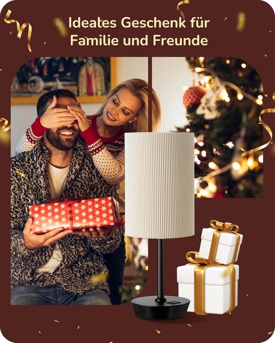 EDISHINE Tactiele Bedlamp Set van 2 met USB-C & USB-A Oplaadpoort, 3 Helderheidsniveaus, E27 LED-lamp Inbegrepen, Stoffen Lampenkap, Tafellamp voor Slaapkamer, Woonkamer, Hotel, Zwarte Basis