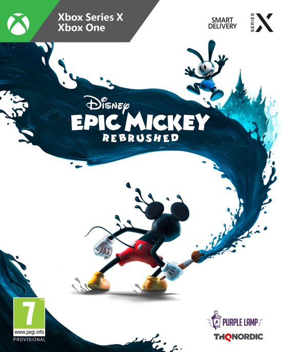 Hoes voor Disney Epic Mickey: Rebrushed. Mickey Mouse met een penseel, omringd door verfspatten.