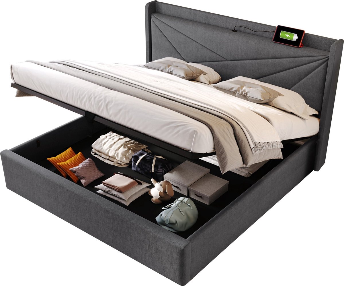 Merax Gestoffeerd Bed 140x200 cm met Opbergruimte - USB-C Ladefunctie en Lattenbodem – Grijs Leinenmateriaal