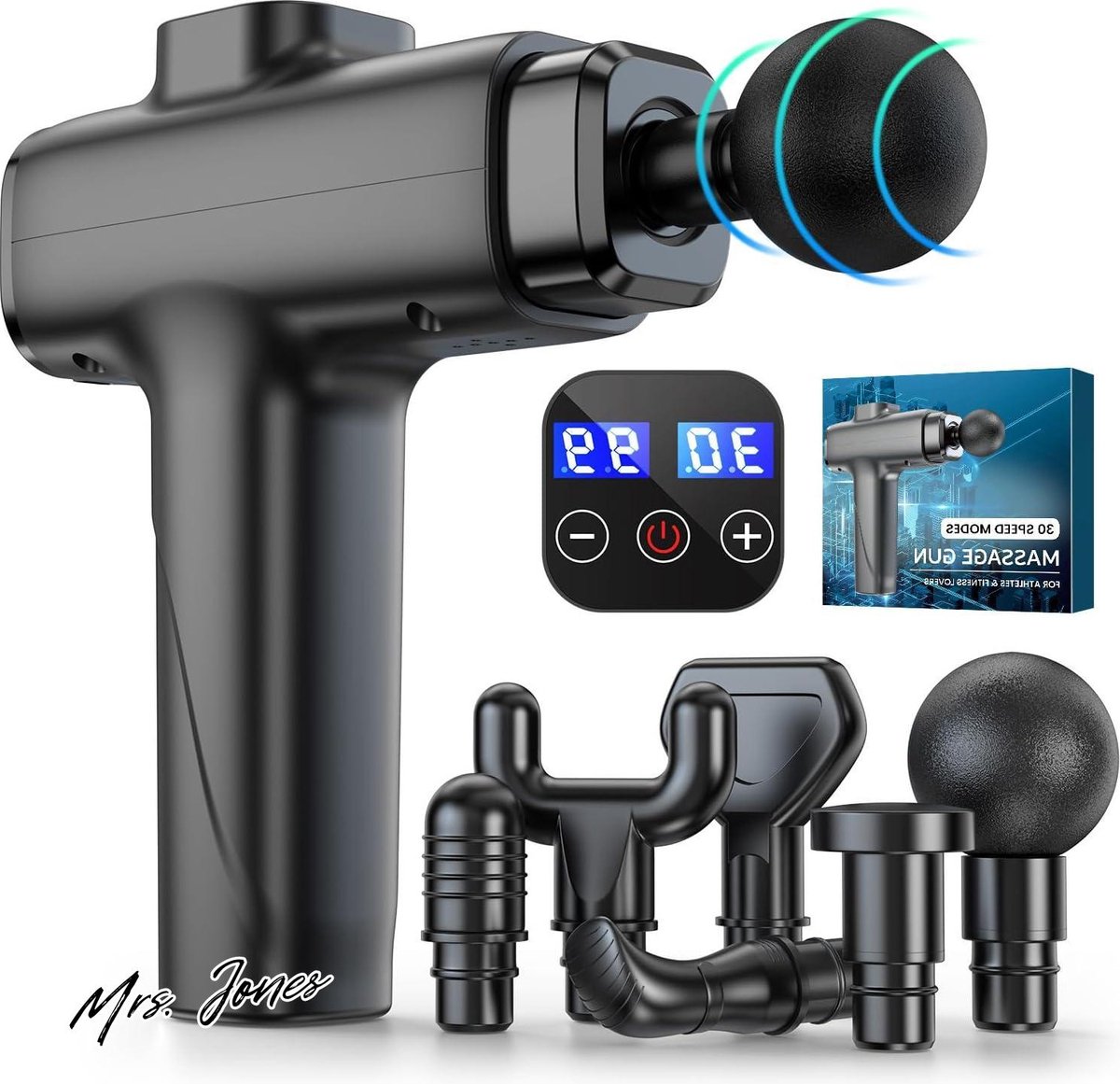 Mrs. Jones Spiermassagepistool Draagbare Spiermassager met Diepe Weefsels Ultrastille 30 Snelheden Optionele Modi Percussiemassageapparaat 8 Massagekoppen LCD-scherm Langdurige Spierontspanning .