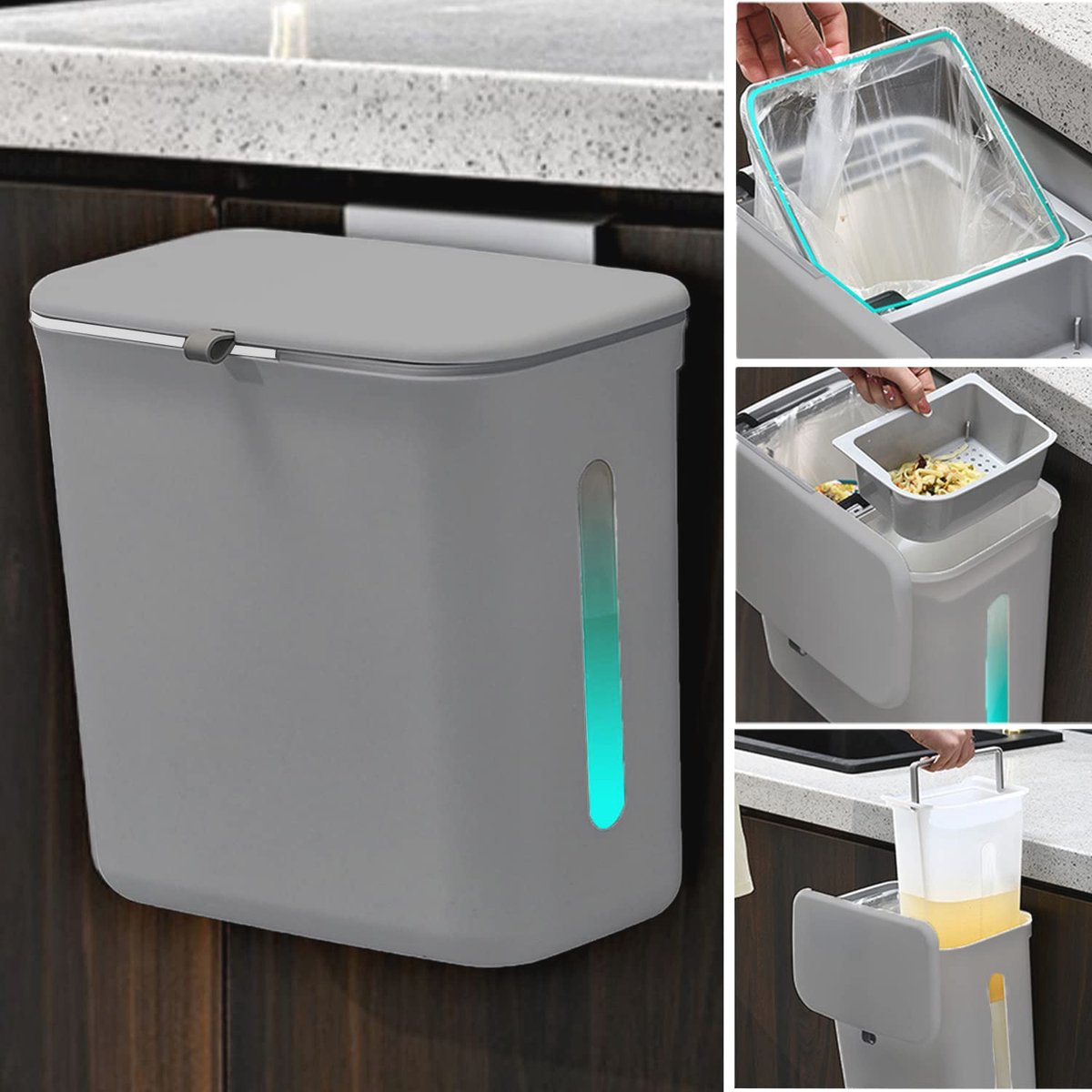 Goedkoopste Hangende Afvalemmer met Deksel - 12 Liter Keuken Vuilnisemmer voor Kastdeur en Camper - Compact en Praktisch