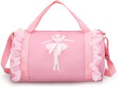 Roze sporttas met ballerina print, kant en strik.