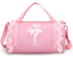 JOYAKIDS® Ballet Tas voor Meisjes | Lichtroze Dans Tas met Ballerina Print, Kant en Strik | Kindertas voor Balletles en Dansspullen | Ballettas Inclusief Schouderband en Handvatten