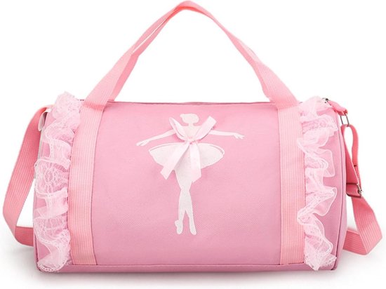 JOYAKIDS® Ballet Tas voor Meisjes | Lichtroze Dans Tas met Ballerina Print, Kant en Strik | Kindertas voor Balletles en Dansspullen | Ballettas Inclusief Schouderband en Handvatten