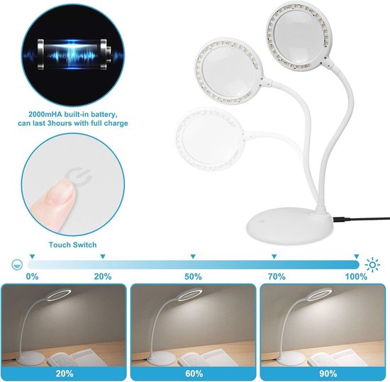 DUDSOEHO Oplaadbaar 5-voudig vergrootglas met licht en standaard, dimbare handaanraking met 3 kleurinstellingen voor werk, lezen, hobby's, naaien, knutselen, zwart