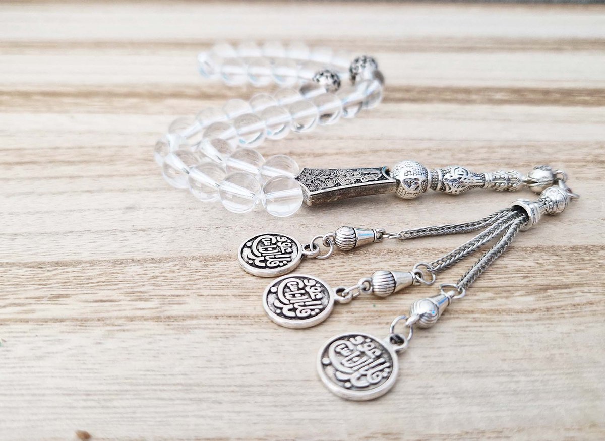 Handgemaakte tesbih "tasbih" natuursteen "Bergkristal" - Aantal kralen 33 - Diameter kralen 10 MM - met metaal tassel "model D4" - Een mooi cadeau-idee
