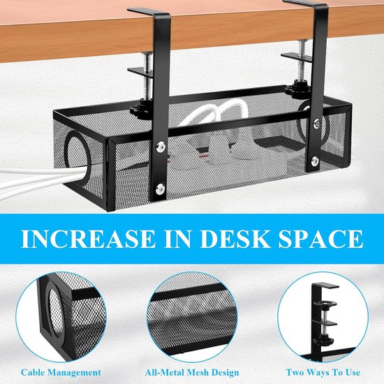 Cinati Kabelmanagement-plank onder het bureau, zonder boren, voor kantoor en thuis, geen schade aan de tafel, zwart, 34 cm, verpakking van 2 stuks
