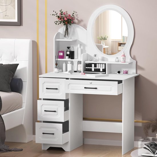 QTQHOME Make-up kaptafel met spiegel en verlichting, kaptafel set met 4 opbergladen, moderne