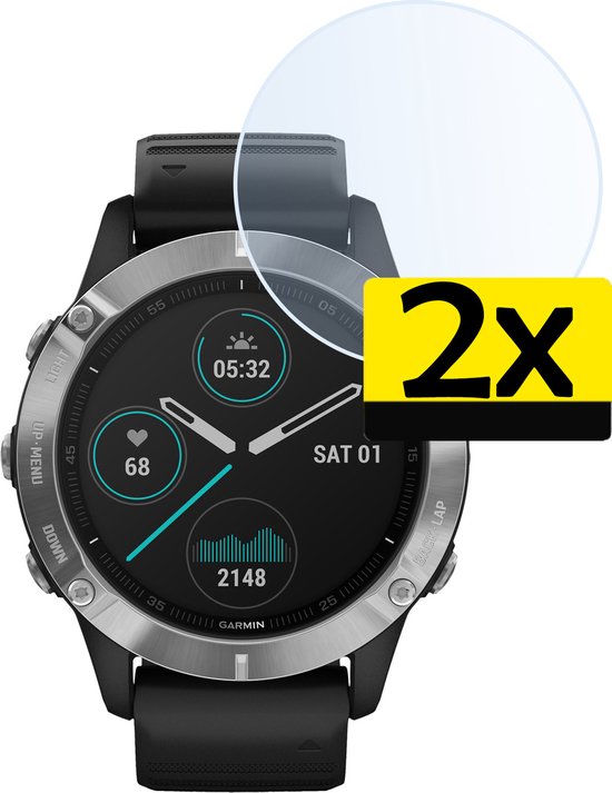 Garmin Fenix 6X Pro smartwatch met beschermglas. "2x" staat op een gele sticker.