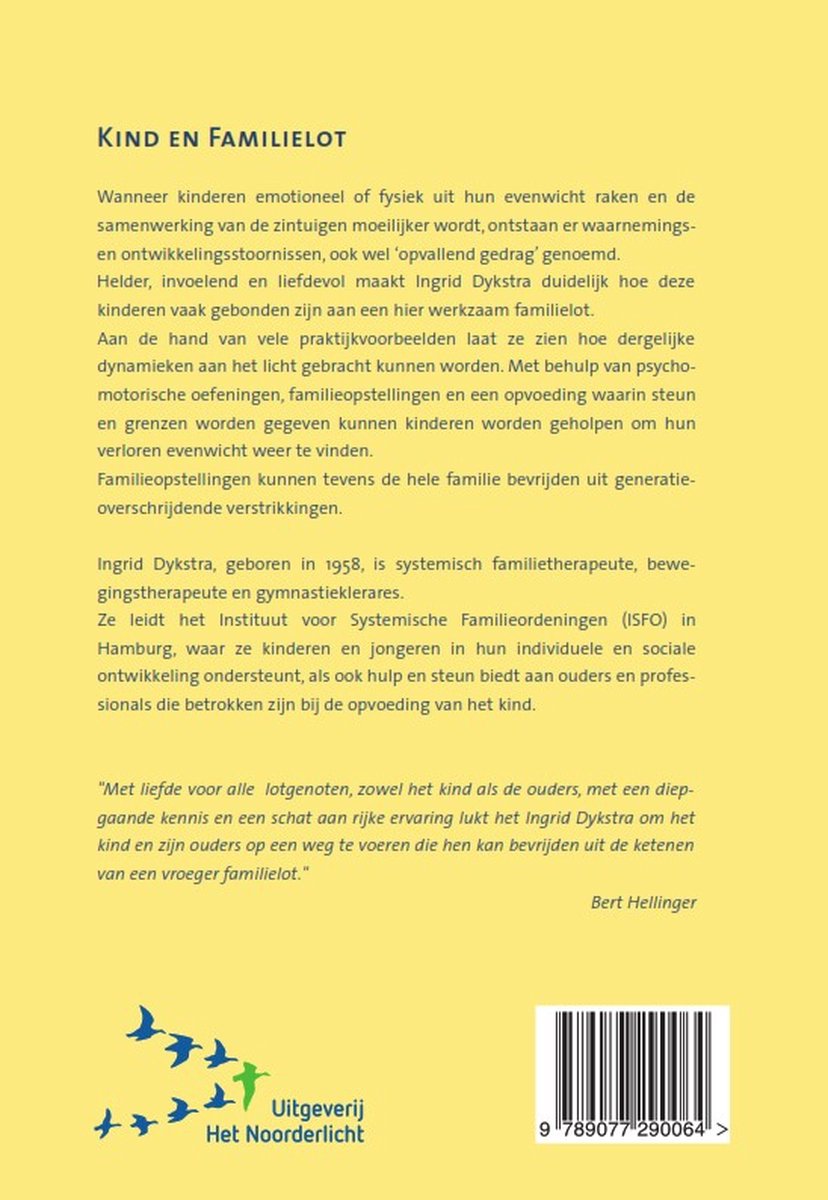 Achterkant boek 'Kind en Familielot' met tekst over Ingrid Dijkstra en uitgeverij Het Noorderlicht.