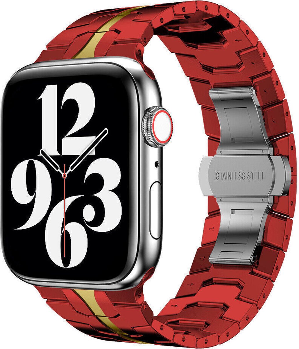 Strap-it Stalen Iron band - Geschikt voor Apple Watch bandje -Series 1/2/3/4/5/6/7/8/9/10/11/SE/SE2/SE3/Ultra (2) - Rood/Goud - RVS schakel band met vlindersluiting - Metalen iWatch bandje voor maat: 44mm / 45mm / 46mm / 49mm