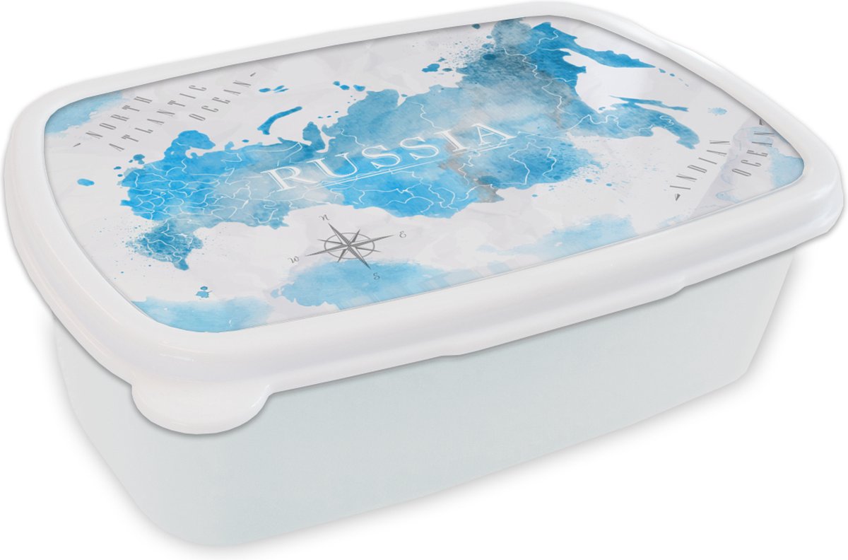 Broodtrommel Wit - Lunchbox - Brooddoos - Wereldkaarten - Rusland - Blauw - 18x12x6 cm - Volwassenen