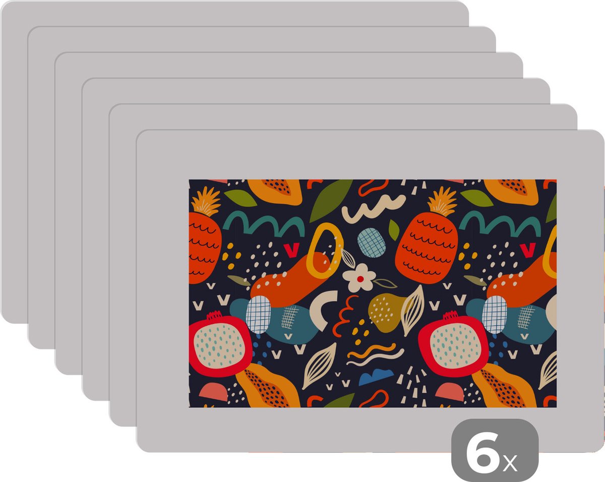 Placemat - Placemats kunststof - Ananas - Fruit - Bloemen - Peer - 45x30 cm - 6 stuks - Hittebestendig - Anti-Slip - Onderlegger - Afneembaar