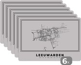 Placemat - Placemats kunststof - Stadskaart – Zwart Wit - Kaart – Leeuwarden – Nederland – Plattegrond - 45x30 cm - 6 stuks - Hittebestendig - Anti-Slip - Onderlegger - Afneembaar