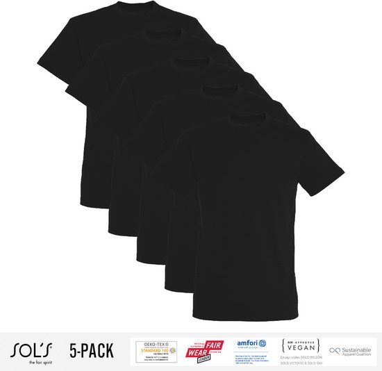 5 Pack Sol's Heren T-Shirt 100% biologisch katoen Ronde hals Zwart Maat XXL