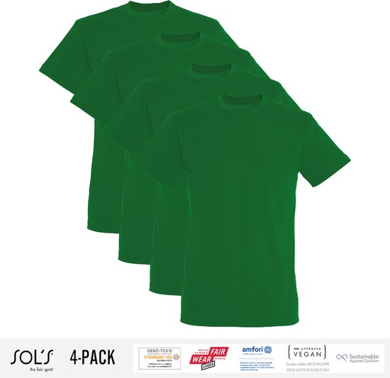 4 Pack Sol's Heren T-Shirt 100% biologisch katoen Ronde hals Kelly Groen Maat XL