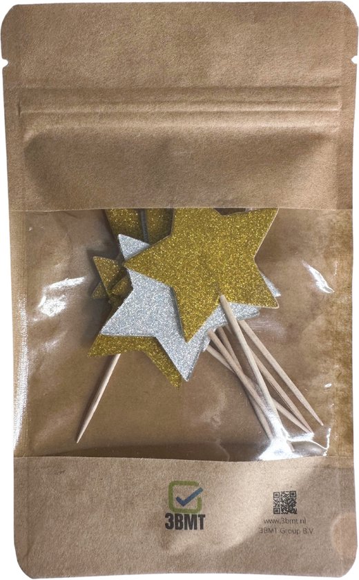 Verpakking met gouden en zilveren glitterster cocktailprikkers.