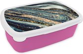 Broodtrommel Roze - Lunchbox - Brooddoos - Marmer - Goud - Blauw - Glitter - Marmerlook - Abstract - 18x12x6 cm - Kinderen - Meisje
