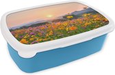 Broodtrommel Blauw - Lunchbox - Brooddoos - Bloemen - Zonsondergang - Berg - 18x12x6 cm - Kinderen - Jongen