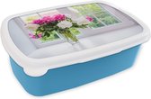 Broodtrommel Blauw - Lunchbox - Brooddoos - Bloemen - Pioenrozen - Vaas - 18x12x6 cm - Kinderen - Jongen