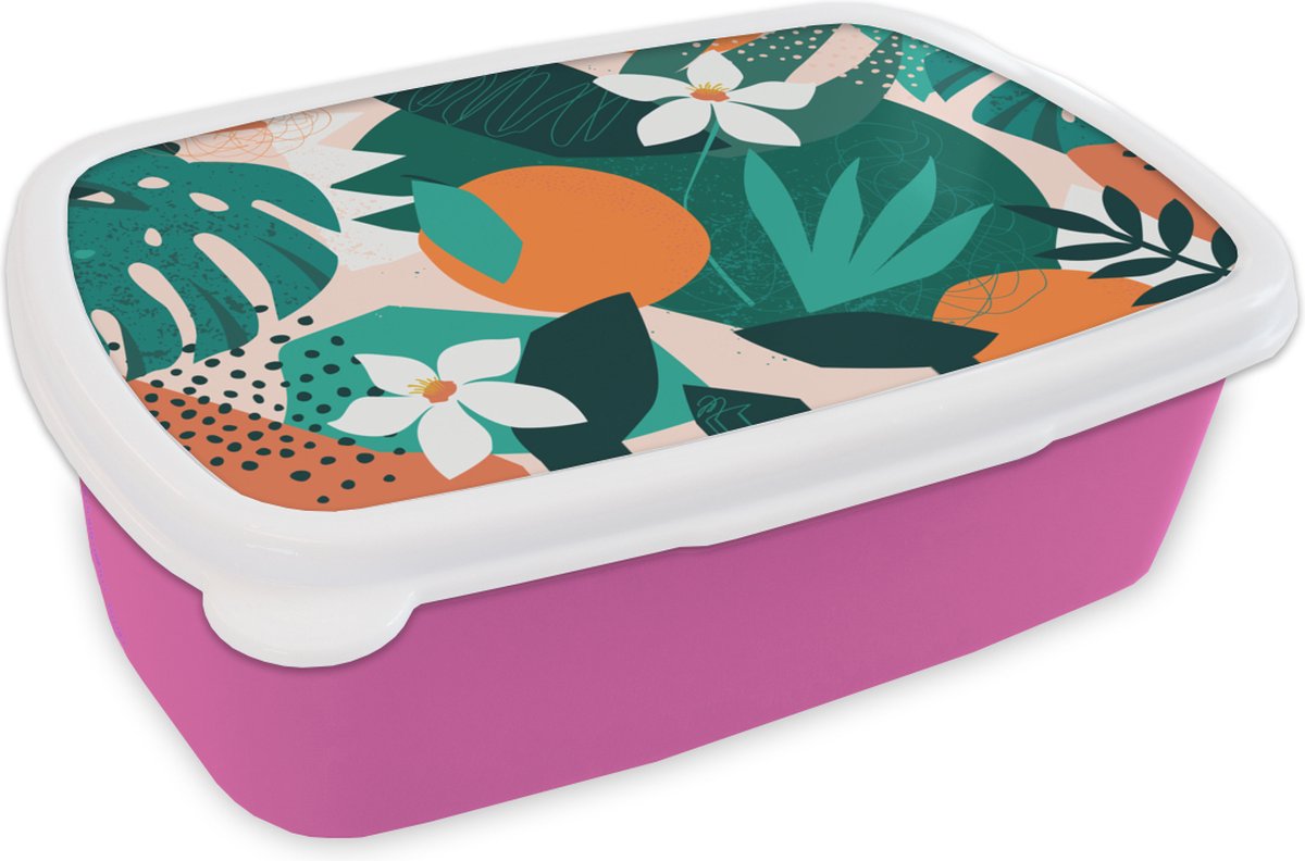 Broodtrommel Roze - Lunchbox - Brooddoos - Bloemen - Fruit - Jungle - 18x12x6 cm - Kinderen - Meisje