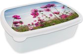 Broodtrommel Wit - Lunchbox - Brooddoos - Bloemen - Roze - Cosmea - 18x12x6 cm - Volwassenen
