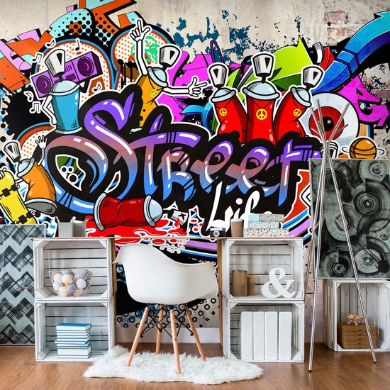 Fotobehangkoning - Behang - Vliesbehang - Fotobehang Graffiti Kunst - Street Game - 300 x 210 cm