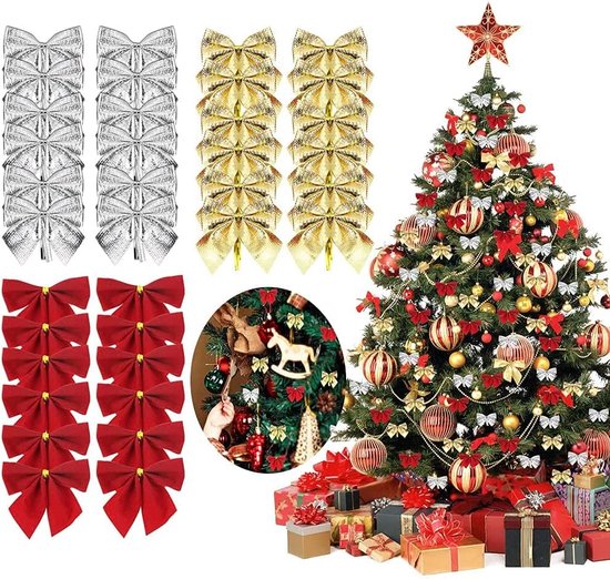 Foto: 72 stuks kerststrikken kerstboomdecoratie kerststrikken cadeaustrikken mini satijnen strikken trekstrikken kerstboomstrikken decoratieve strik als cadeau